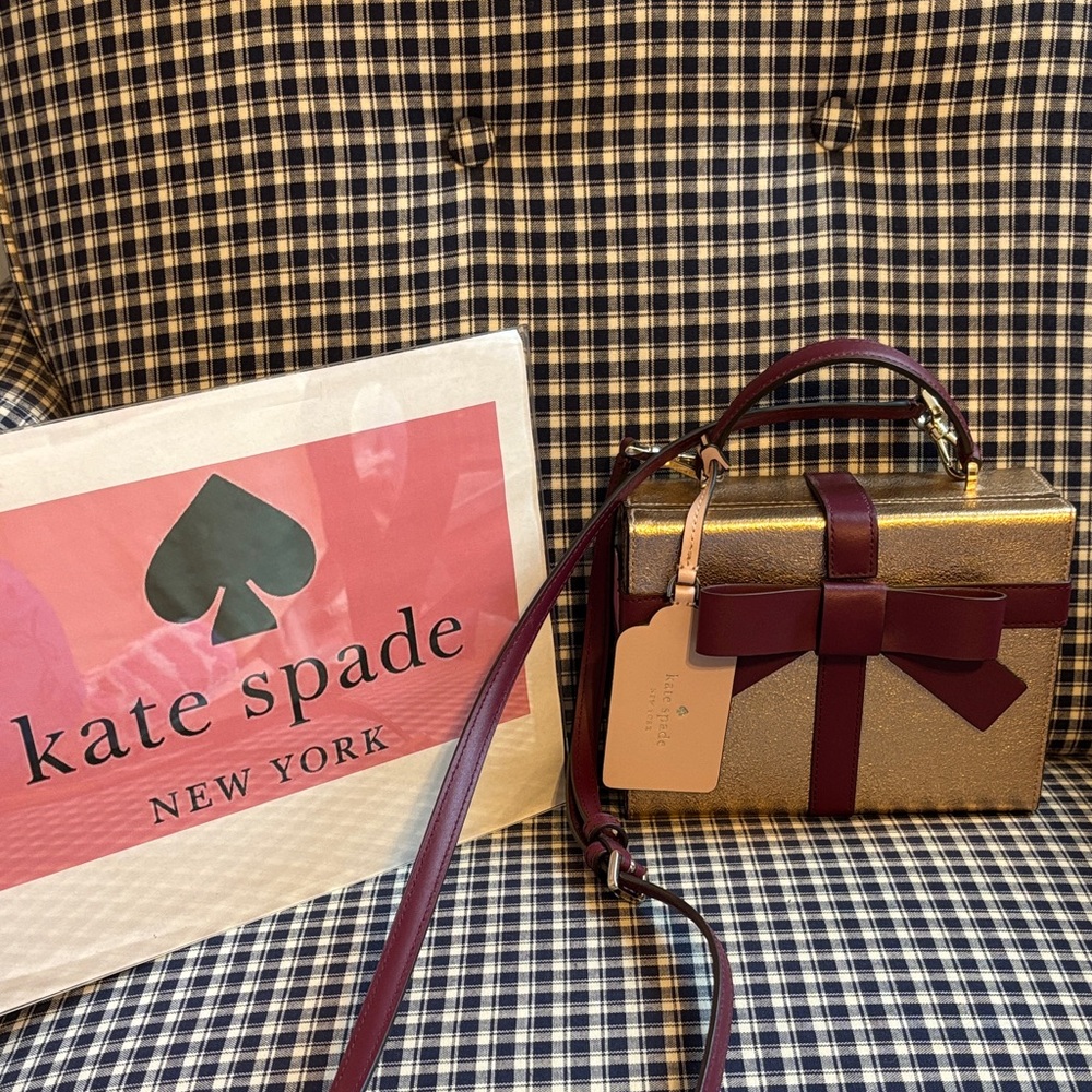 kate spade gold mini gift-box crossbody with burgundy bow